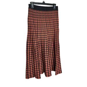 LoveRiche Knit Midi Skirt Pull-On Stretch Houndstooth Orange Black Size M NWT